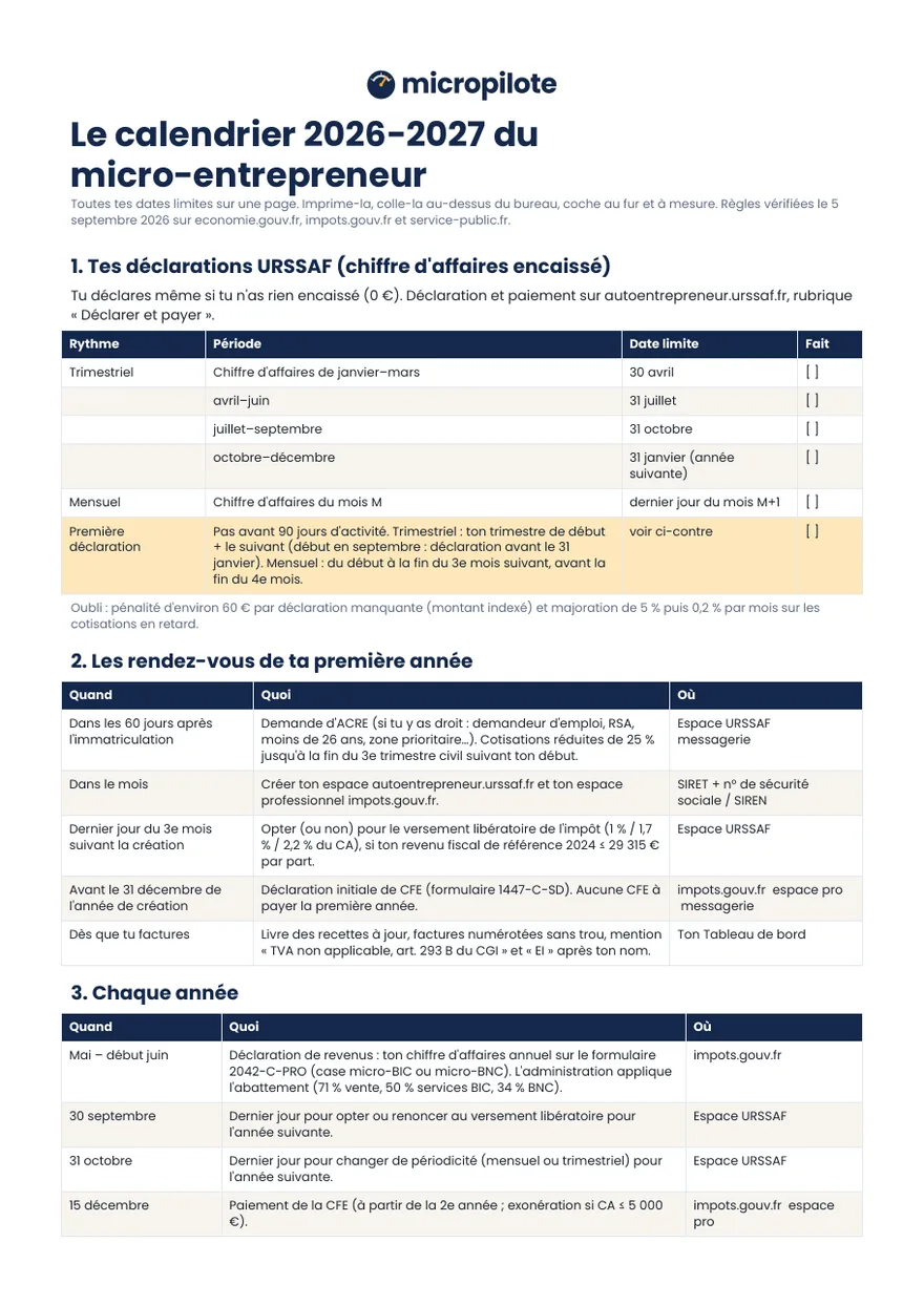Page 1 du calendrier 2026-2027 du micro-entrepreneur : déclarations URSSAF, rendez-vous de la première année